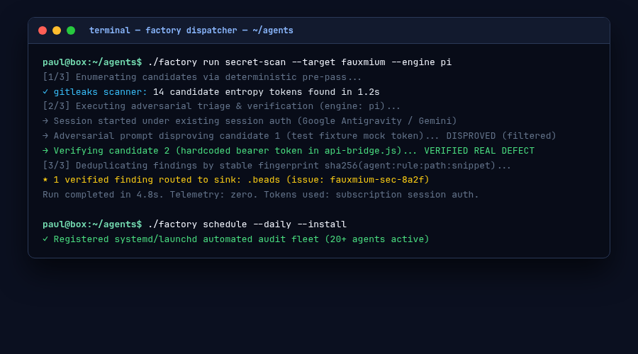 The Software Factory Dispatcher in action — running deterministic pre-pass, AI verification, and routing findings to Beads