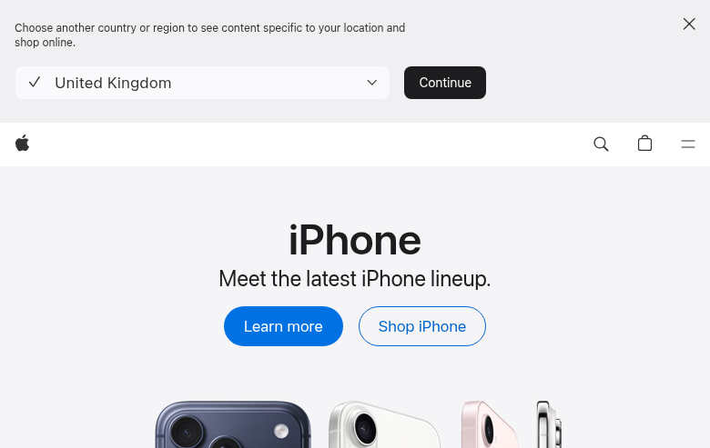 Apple region selector above a public iPhone landing surface.