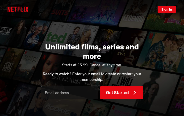 Signed-out Netflix landing surface with an empty email field.