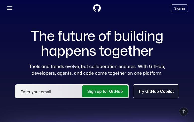 Signed-out GitHub landing surface with an empty email field.